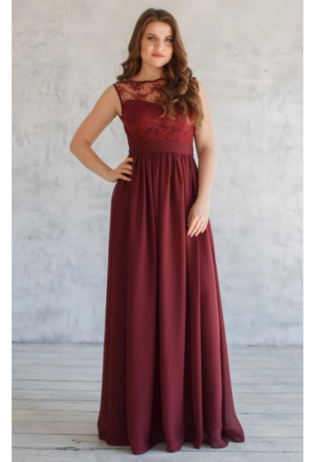 Сукня довга з мереживним верхом марсала